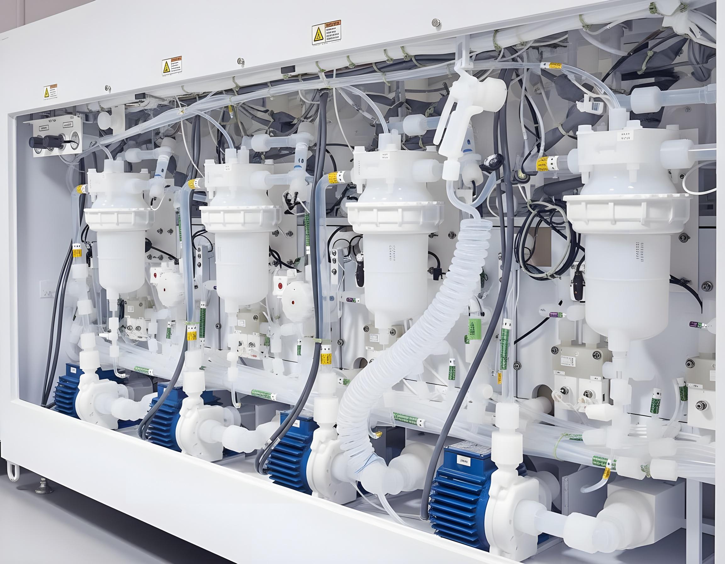 The complete zero-leakage capability of magnetically driven pumps is utilized for transporting high-purity etching solutions.